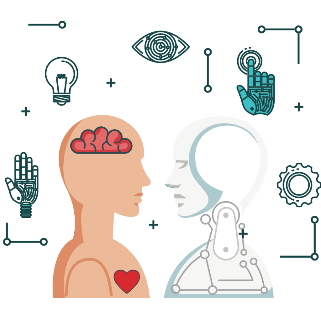 Human and robot heads representing AI technology