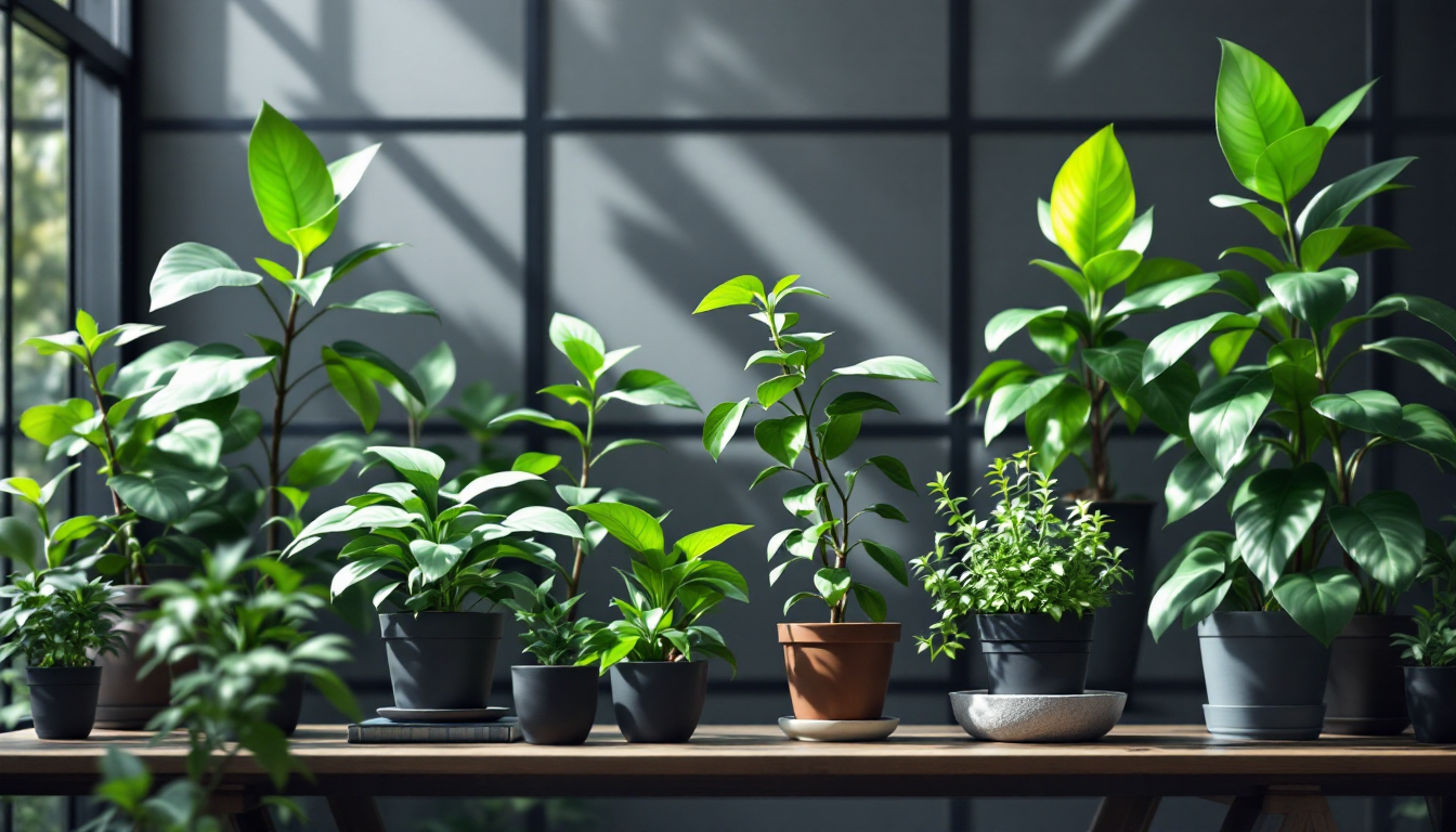 Variety of indoor plants on a sunny window shelf