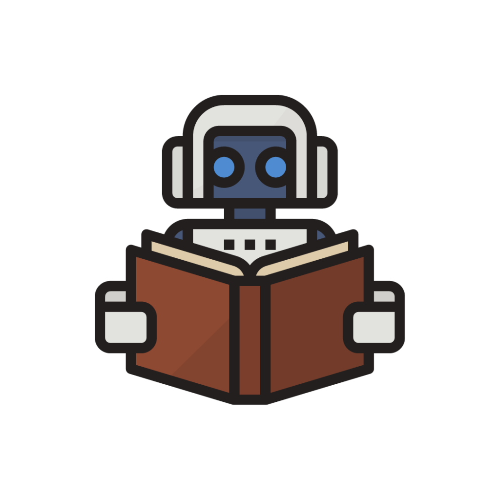 Robot reading book, educational technology concept