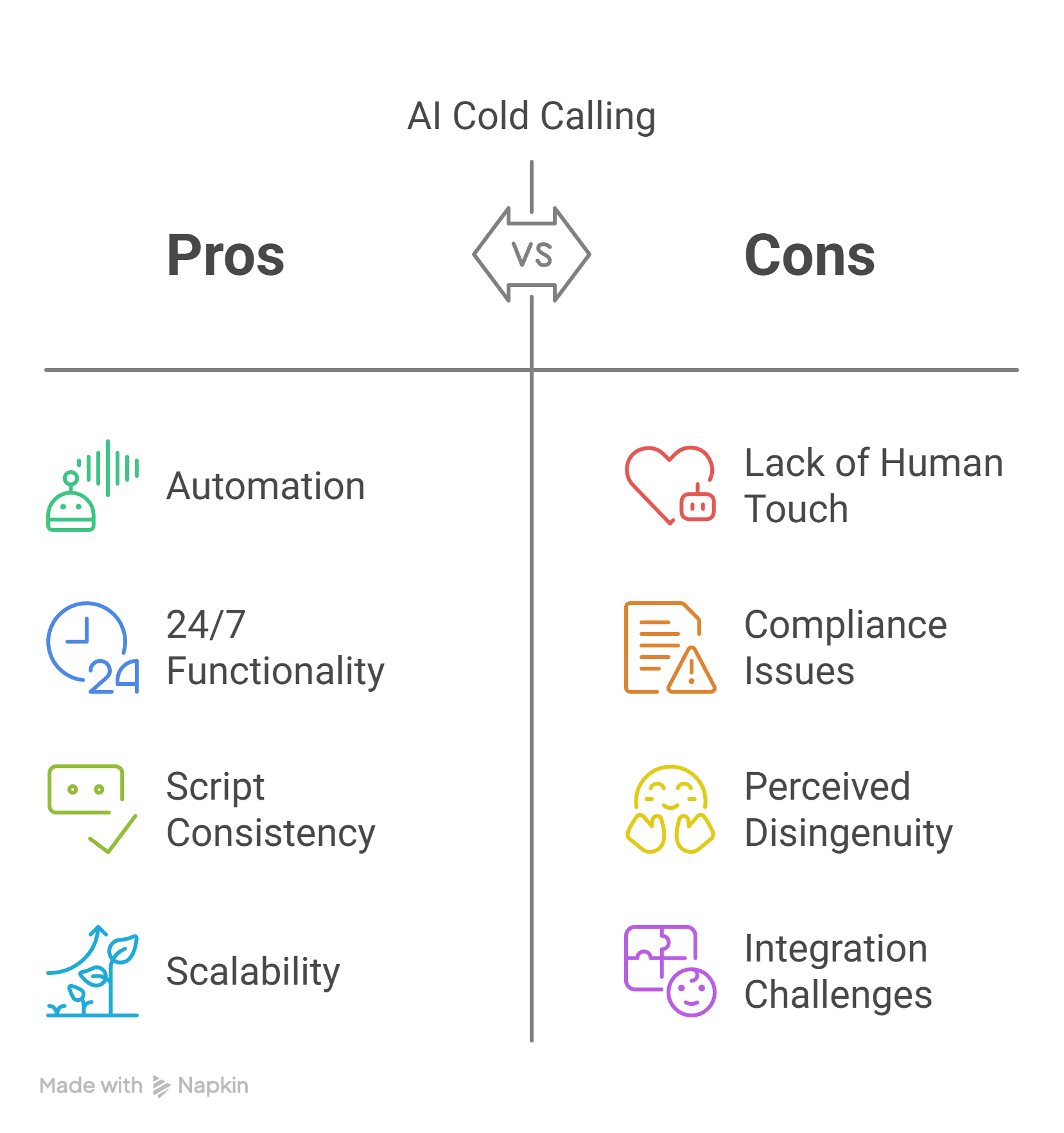 AI cold calling pros and cons infographic comparison