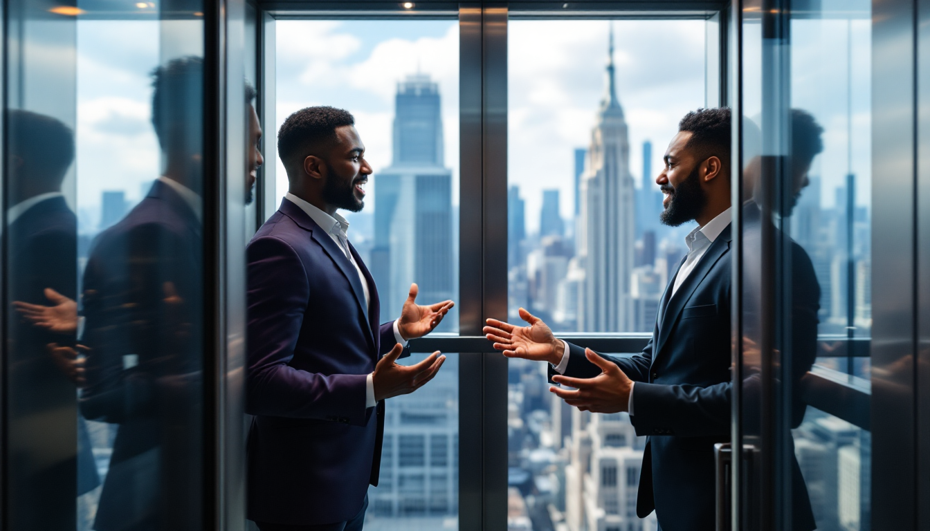 Two businessmen conversing in front of cityscape