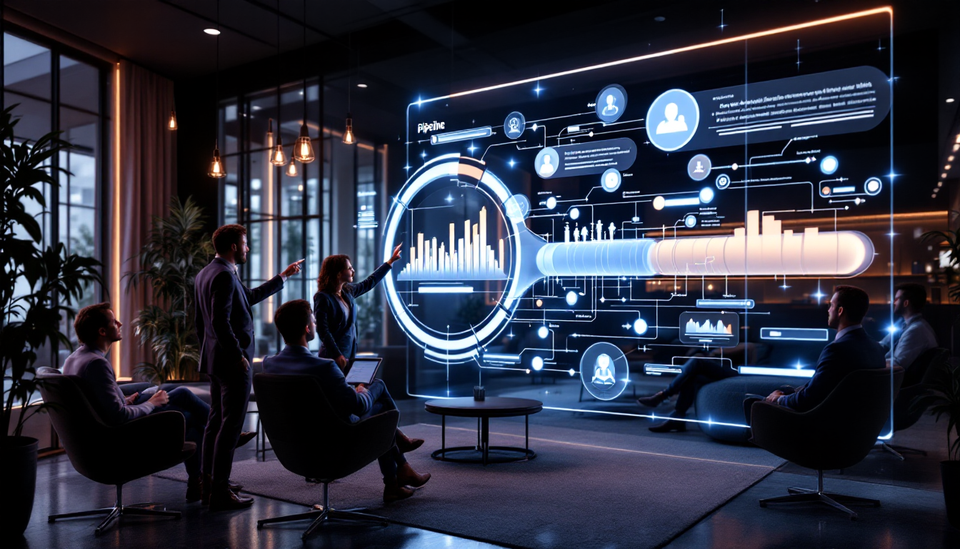 Team analyzing digital data on futuristic interface