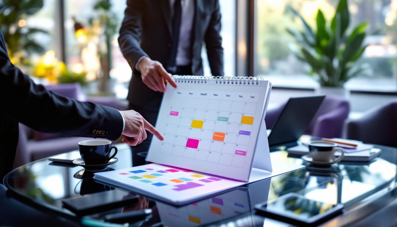 Businessman pointing at calendar in office meeting