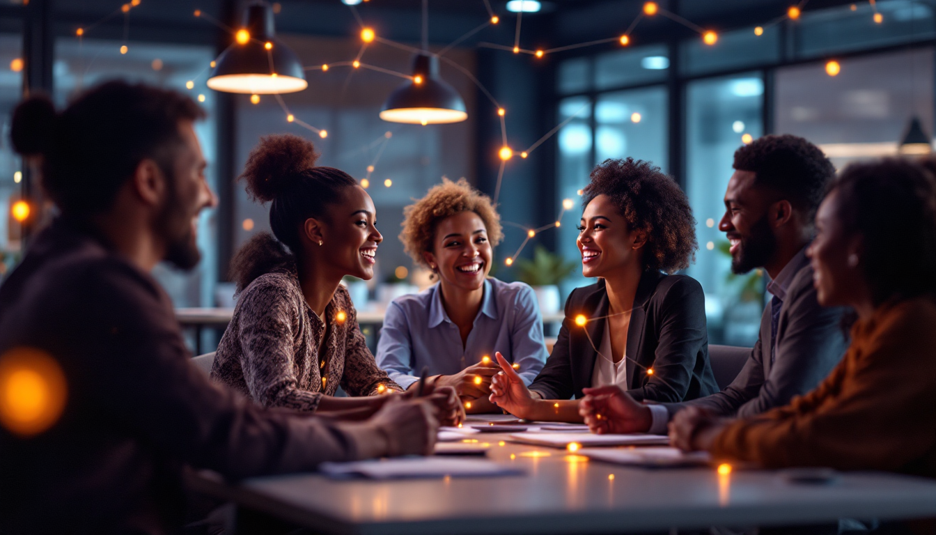 Diverse group discussing at a warmly lit evening meeting