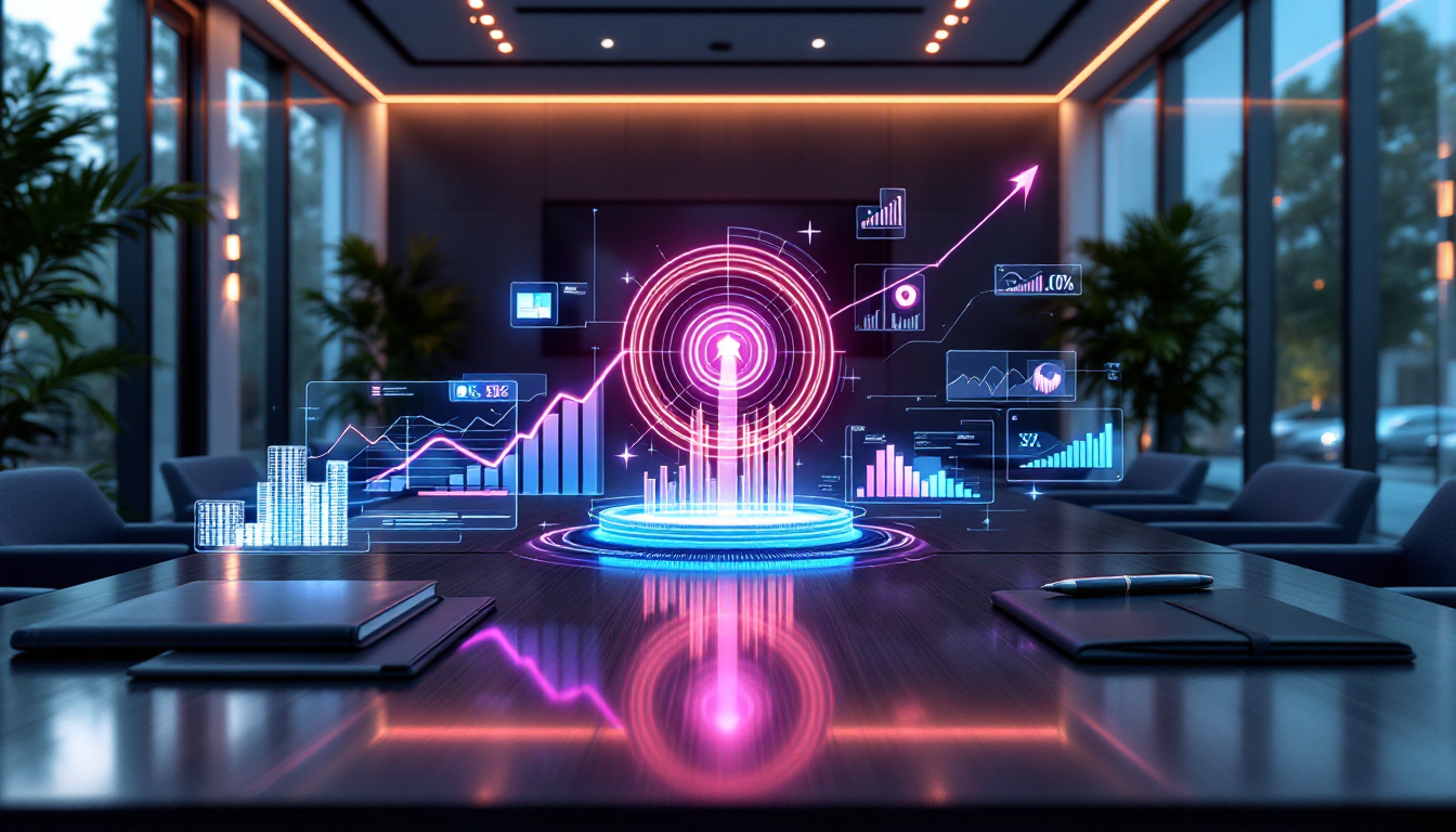 Futuristic office with holographic data visualizations