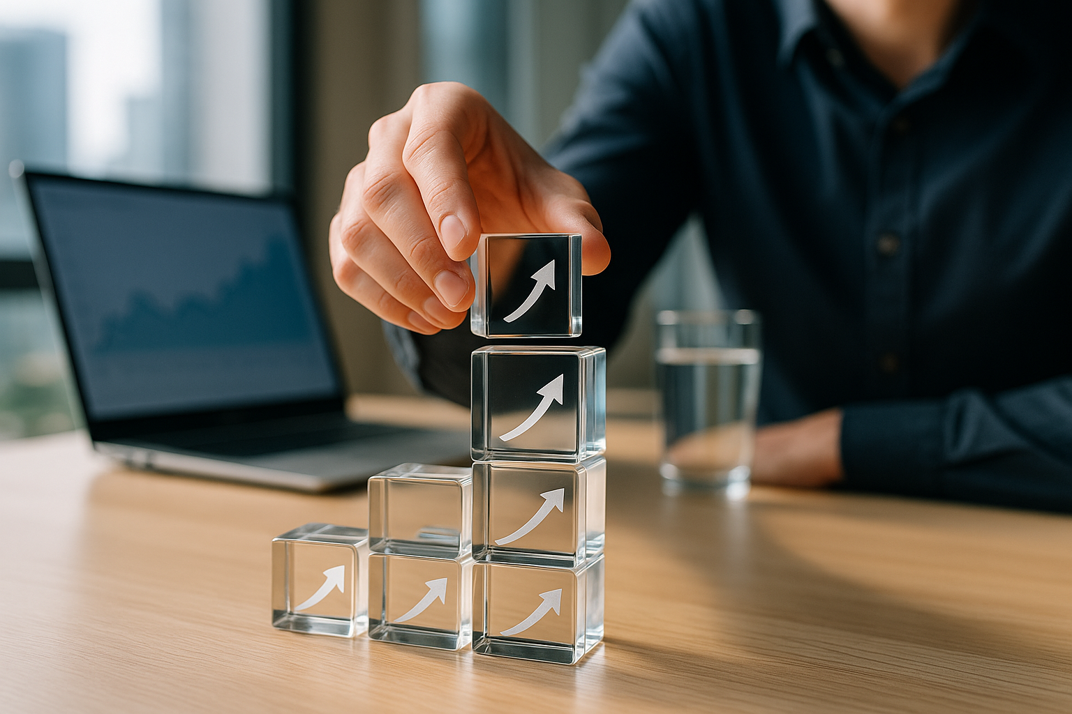 Person stacking cubes with arrows symbolizing growth