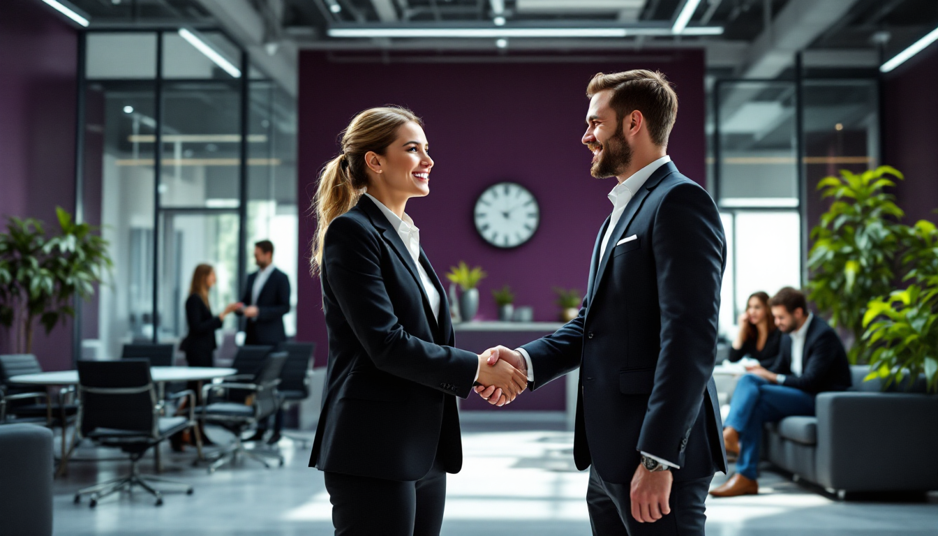 Professionals shaking hands in modern office lobby
