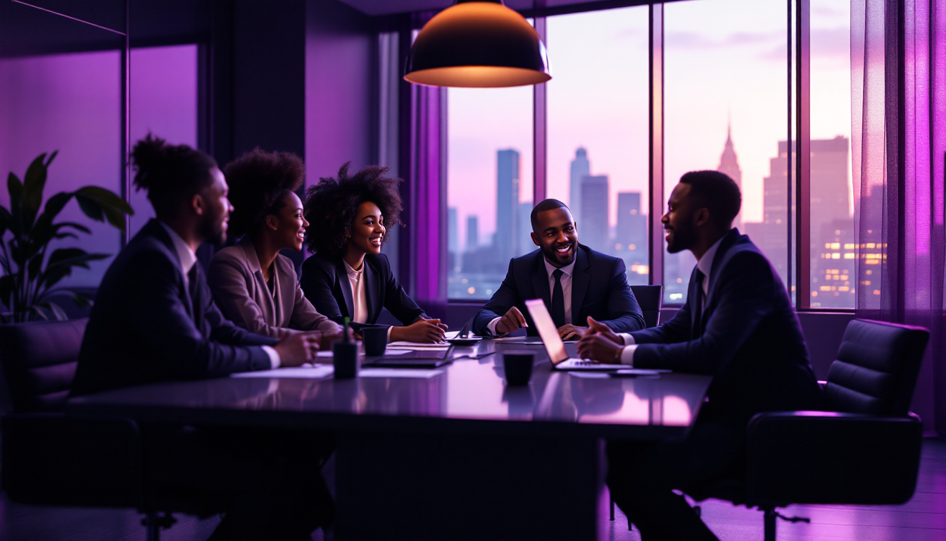 Diverse team in a business meeting at sunset