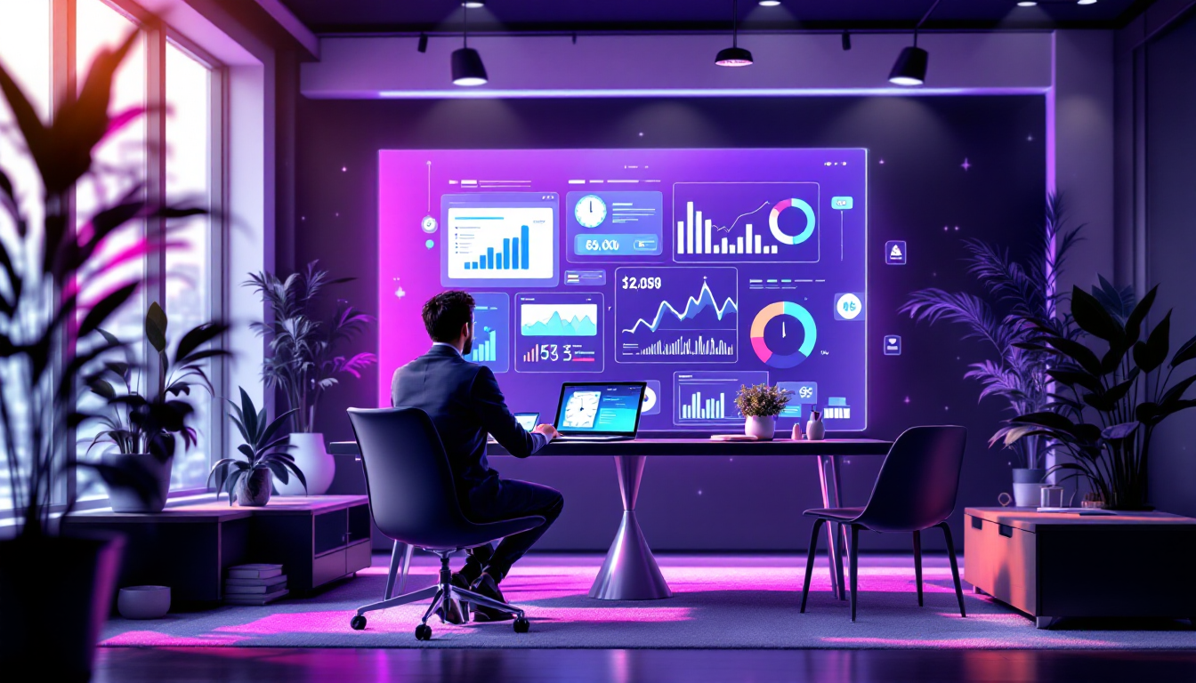 Man analyzing data on futuristic digital screens