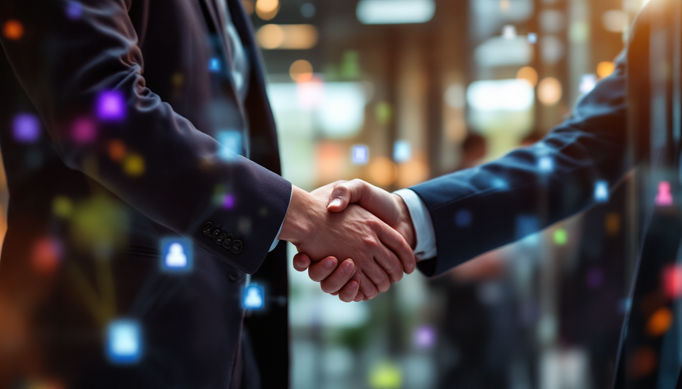 Two businessmen shaking hands in a busy city
