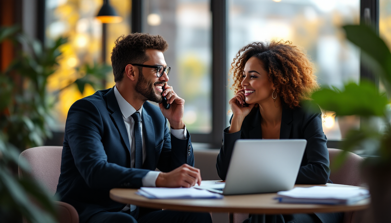 Professionals discussing work with laptop in office cafe