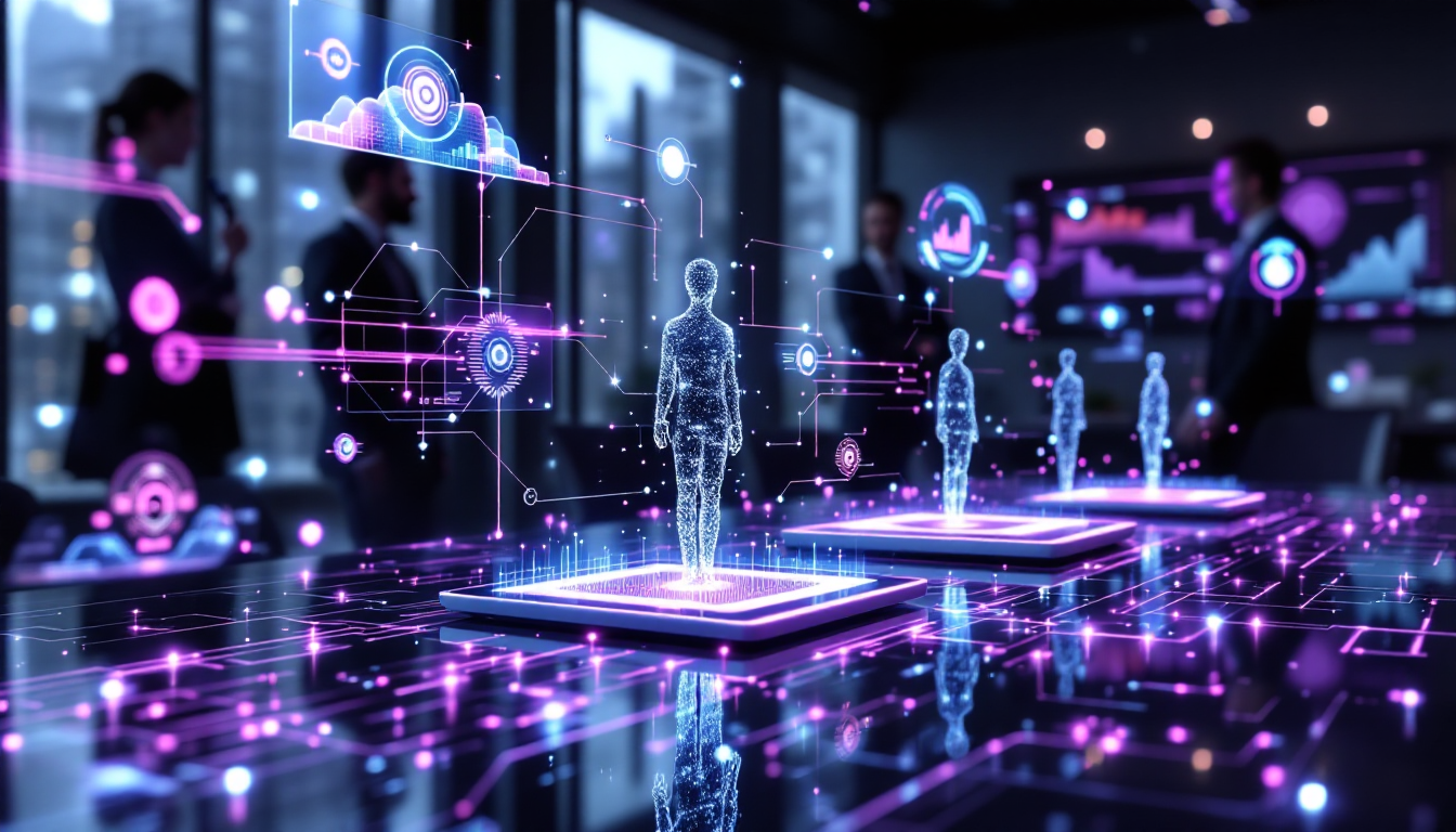 Futuristic digital technology visual with holographic human figures