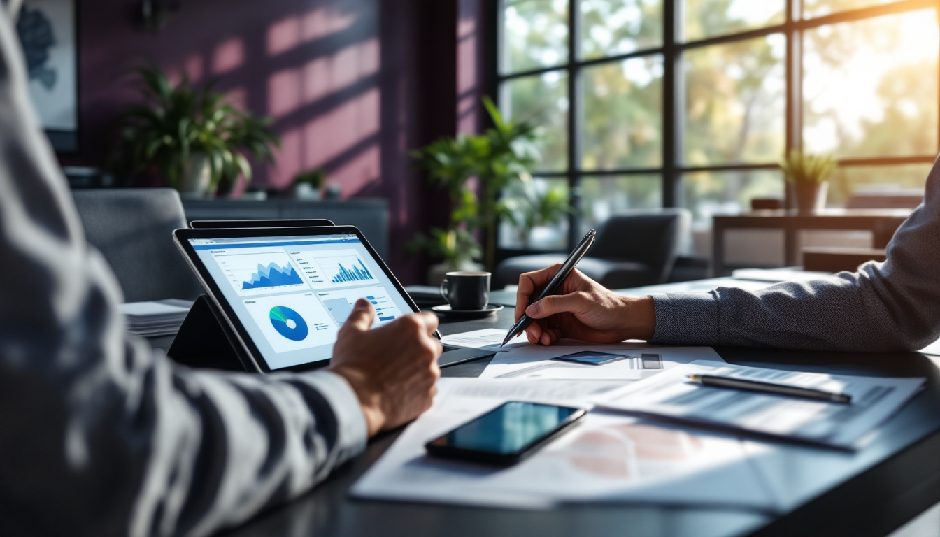 Professionals analyzing data on digital tablet in office
