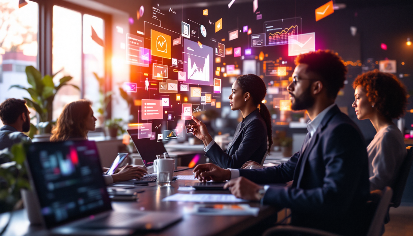 Professionals analyzing digital data analytics dashboard