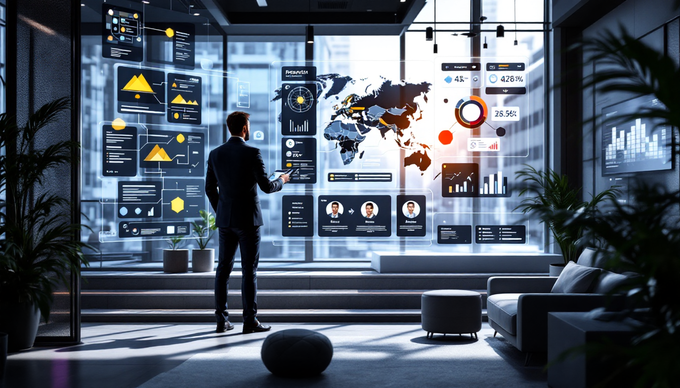 Businessman analyzing data on futuristic interactive displays