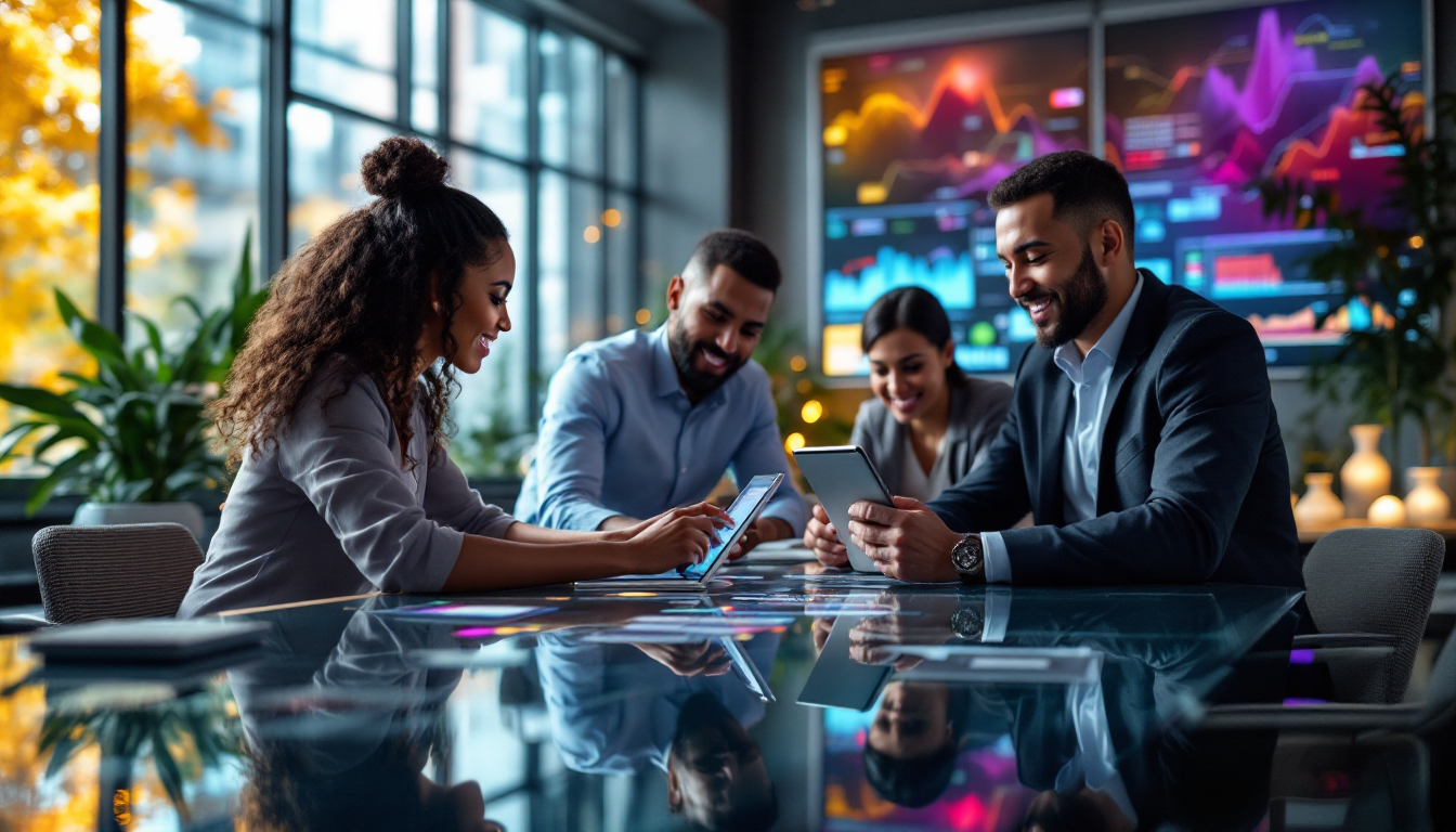 Team discussing data on tablets in modern office