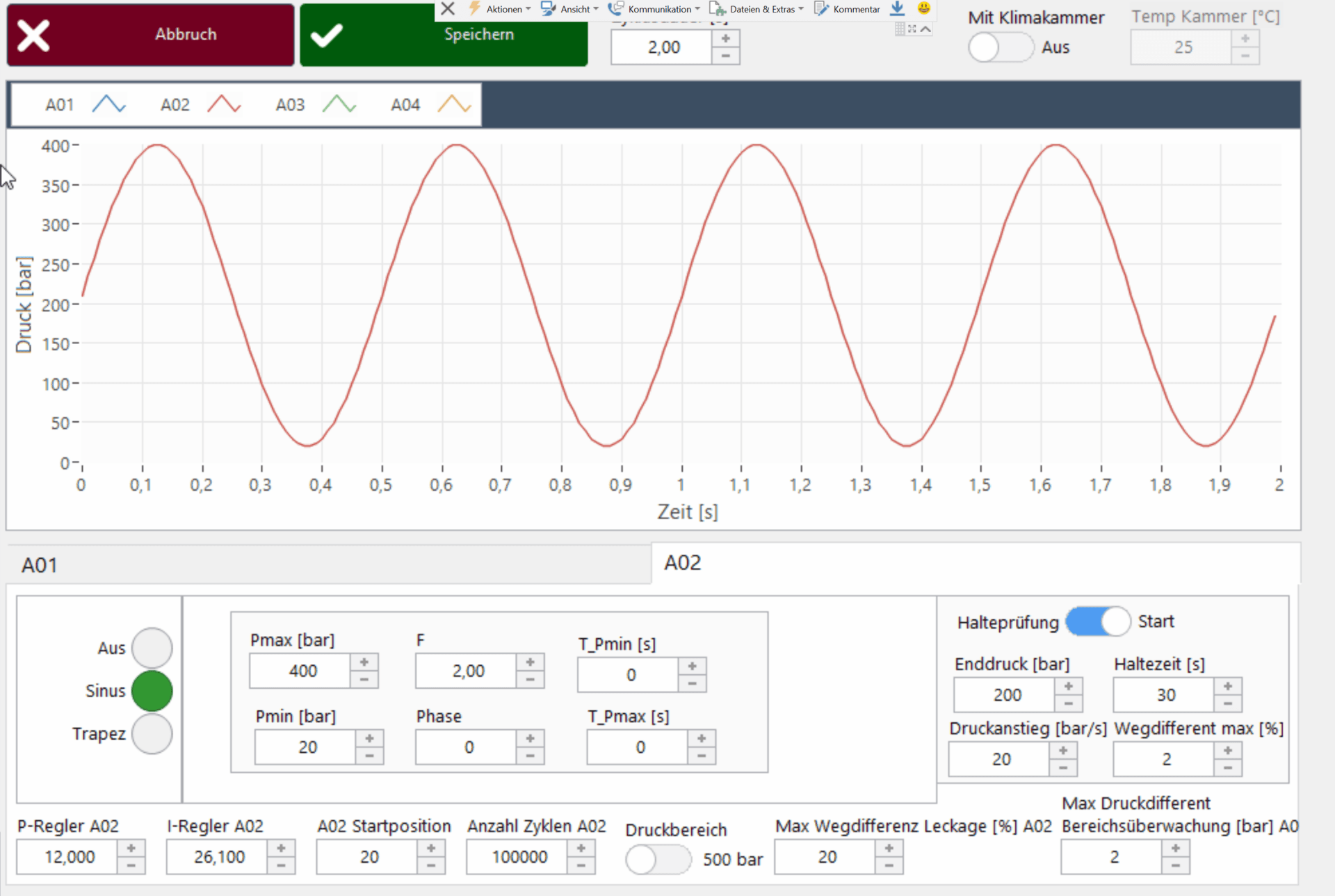 Sinusoidal Pressure Test Curve captured during a pressure cycle test of Oil Filters on a Poppe + Potthoff Maschinenbau test stand
