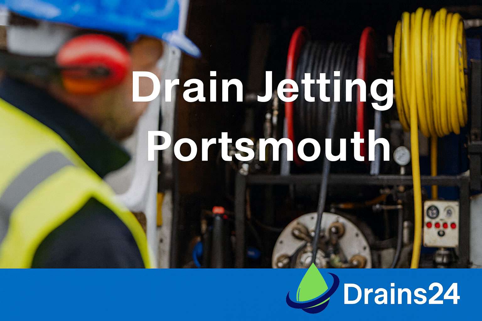 A Portsmouth drain technician using high-pressure jetting to clear a blocked gully. Text reads 'Drain Jetting & Blocked Drains Portsmouth – Drains24