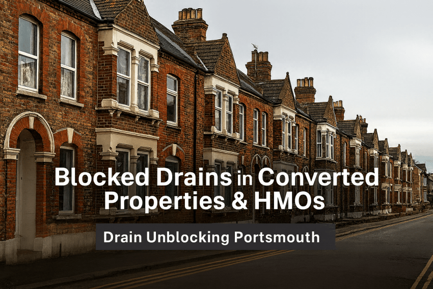 Victorian-era terrace houses in Portsmouth representing common drainage problems in converted HMOs and flats. Text overlay reads "Blocked Drains Portsmouth"