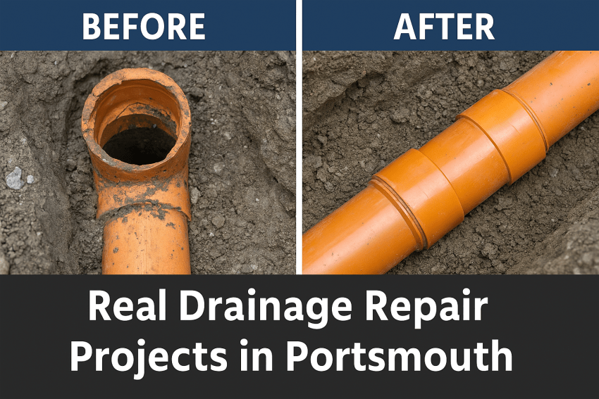 Before and after image showing professional drain repairs in Portsmouth — cracked clay pipes replaced with clean relined drains by Portsmouth Drains24.
