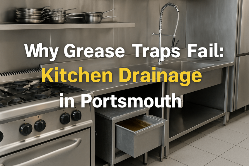 Commercial kitchen drainage system showing grease buildup and pipework – common cause of a blocked drain in Portsmouth restaurants and cafés