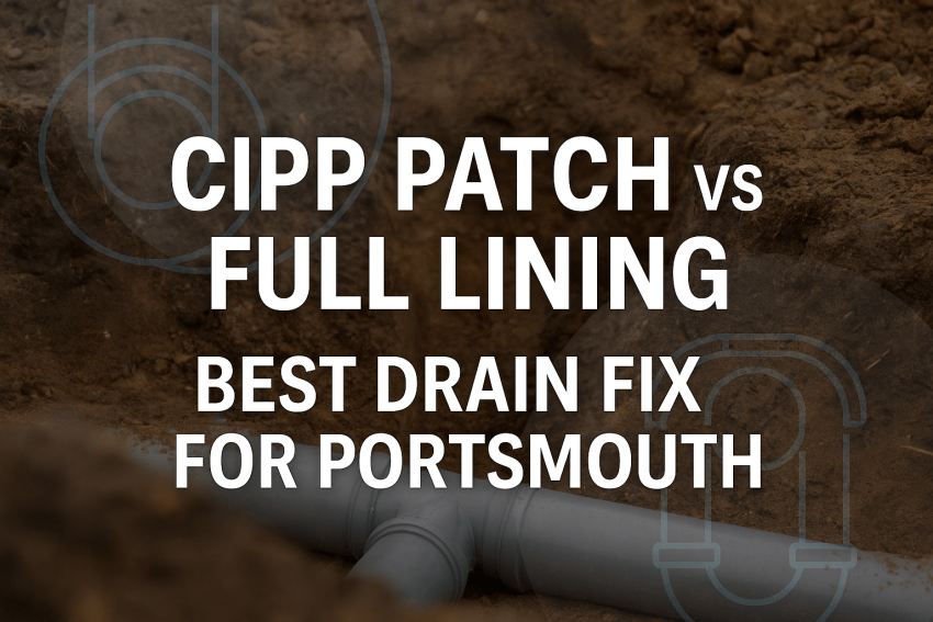 A drainage technician in Portsmouth performing CIPP patch repair with resin lining equipment, demonstrating modern no-dig drain repair methods.