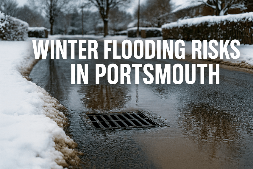 Portsmouth Drains24 engineer checking outdoor drain for winter flooding risks