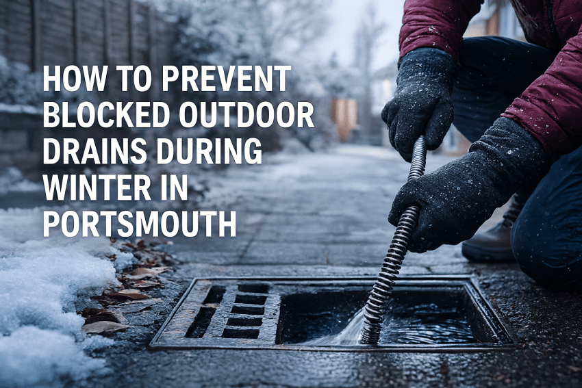 High-pressure water jet cleaning an outdoor drain at a Portsmouth home during winter, illustrating prevention of blocked outdoor drains