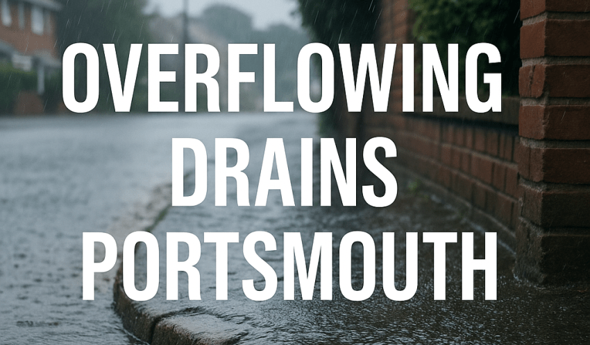 Overflowing outdoor drain during heavy rain in a Portsmouth home showing surface flooding and restricted flow.