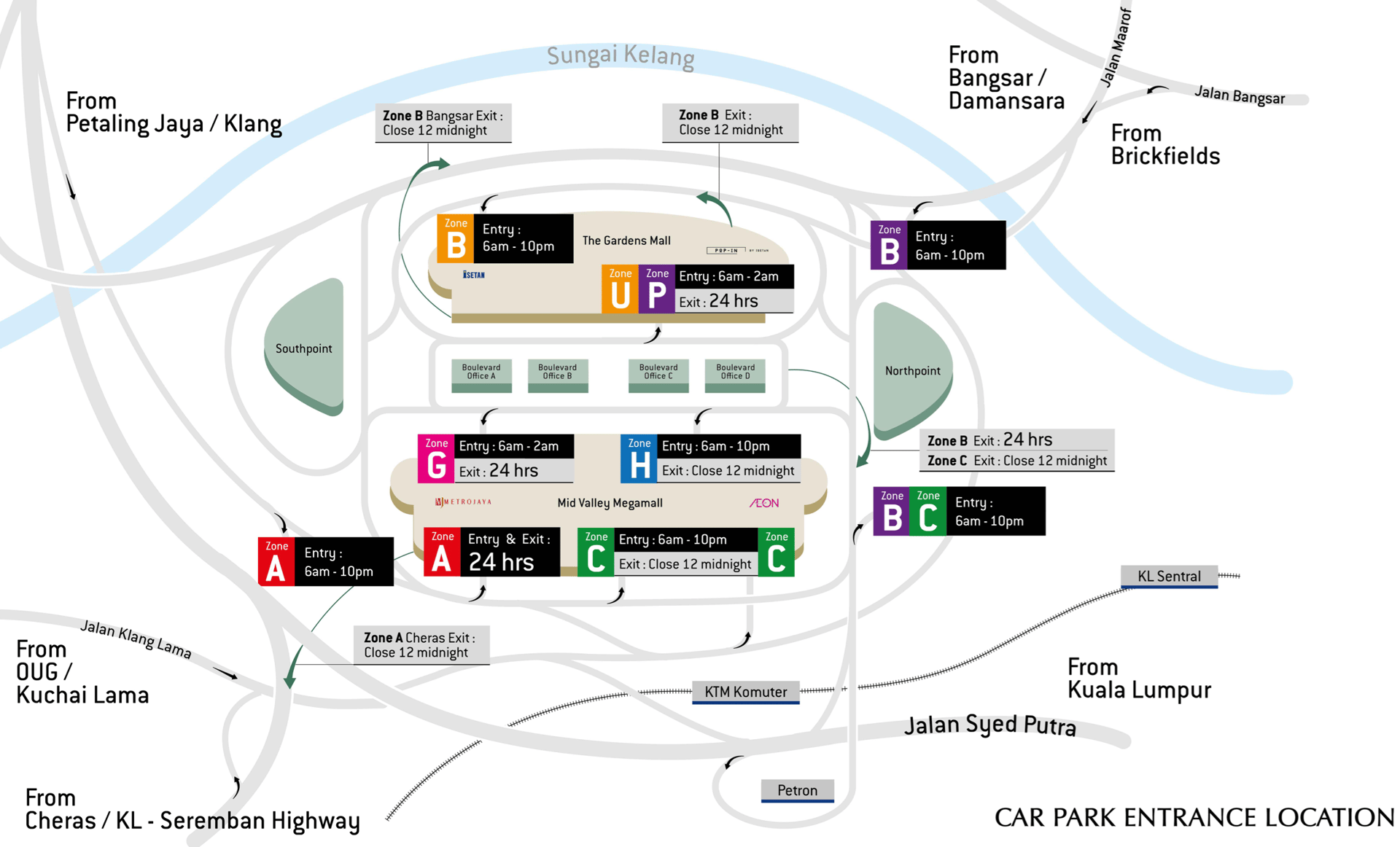Mid Valley Megamall parking zone opening and closing time of each entrance and exit