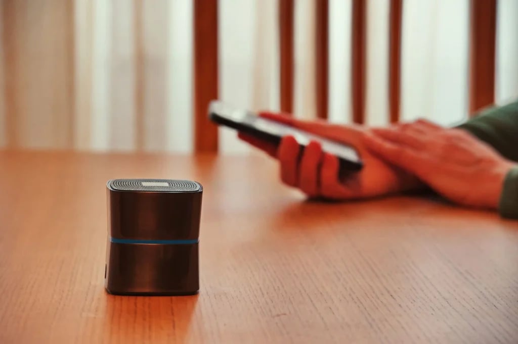 Bluetooth speaker with a woman using voice commands on her smartphone