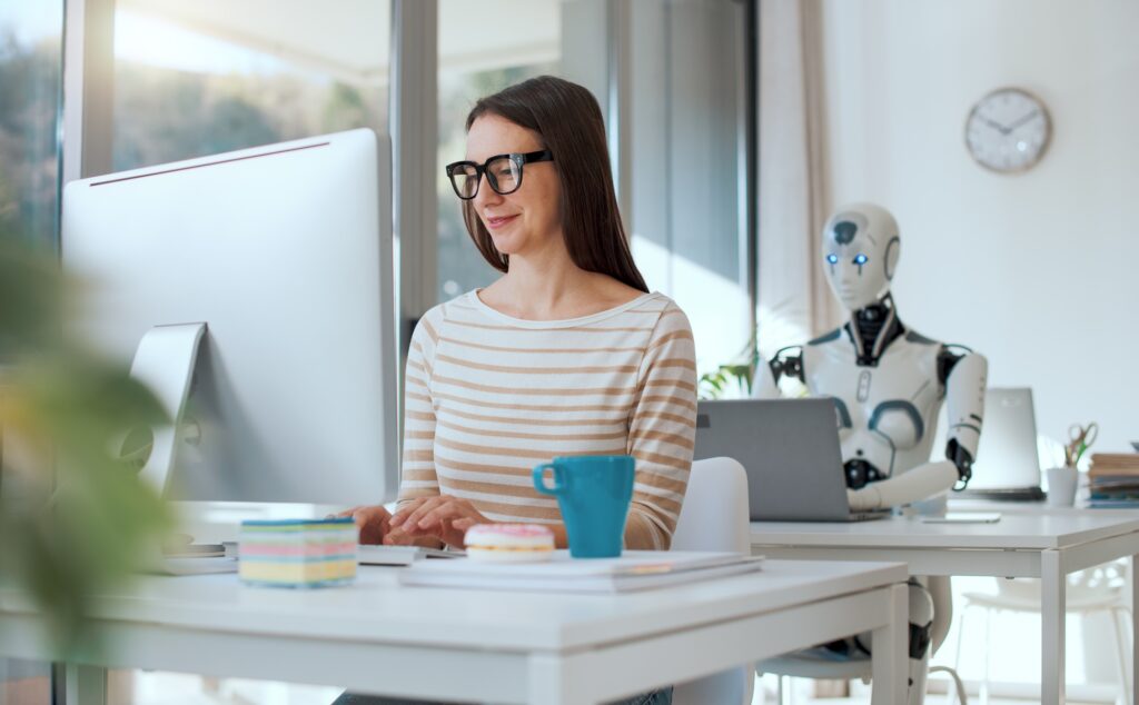 Artificial intelligence in modern SEO – businesswoman working with AI robot to optimize search rankings