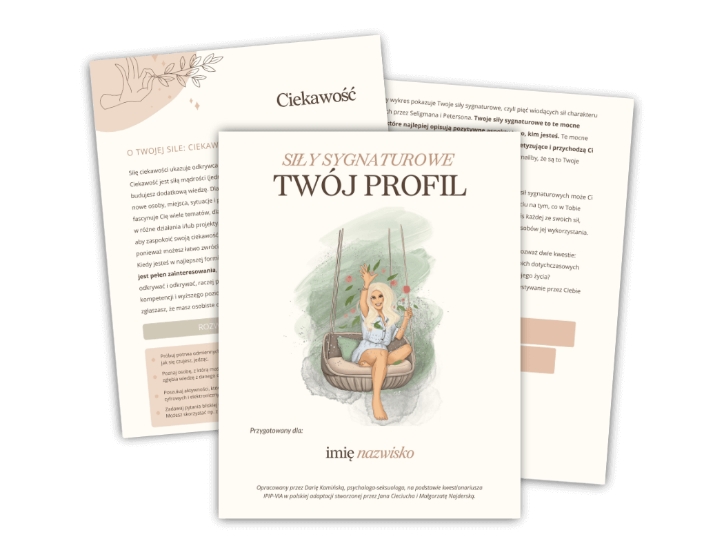 Dwie otwarte broszury z polskim tekstem i ilustracjami; jeden przedstawia kobietę siedzącą w fotelu z filiżanką, otoczoną obrazami roślinnymi dla Identyfikacji sił sygnaturowych.