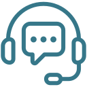 Icon of a headset with a microphone and a speech bubble containing three dots, representing customer support or communication services.