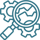 Icon showing two gears and a magnifying glass, representing the concept of process optimization or technical analysis.
