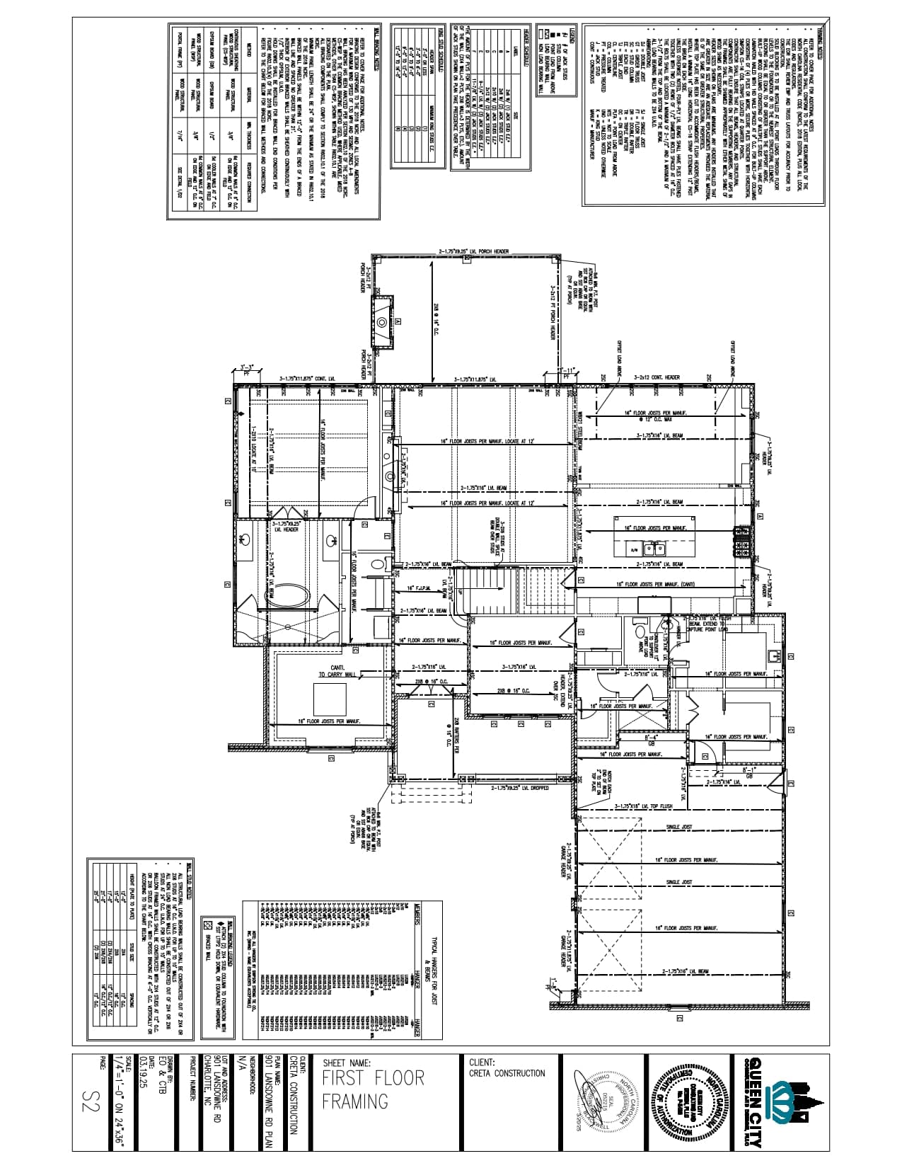 Black and white architectural drawing showing the first floor framing plan of a building, with labeled rooms, measurements, notes, and a title block in the lower right corner.