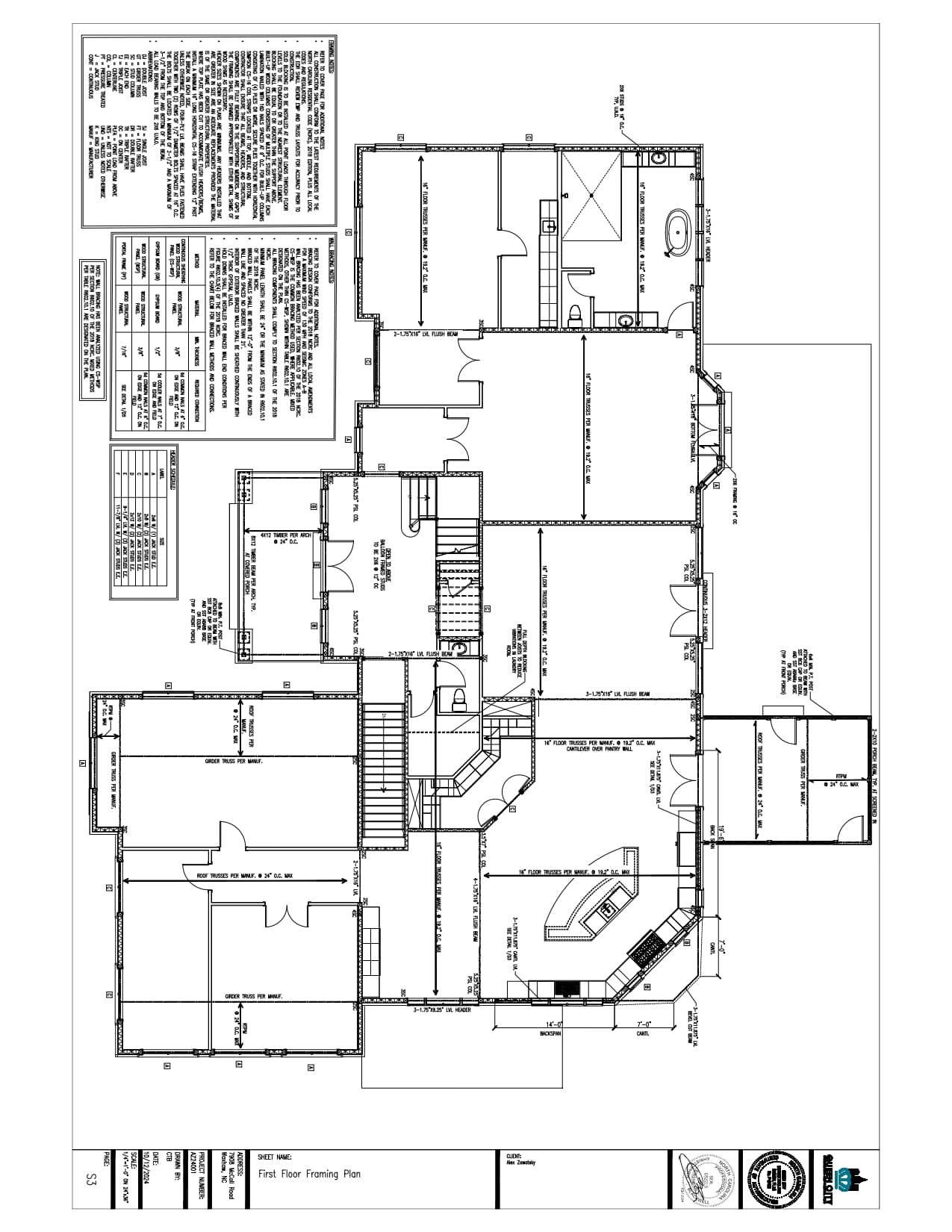 Architectural floor plan of a house&rsquo;s first floor, showing labeled rooms, doors, windows, dimensions, and various construction notes.