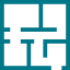 Simple blueprint icon showing a floor plan with four rooms, interior walls, and a door, depicted in solid teal color on a transparent background.