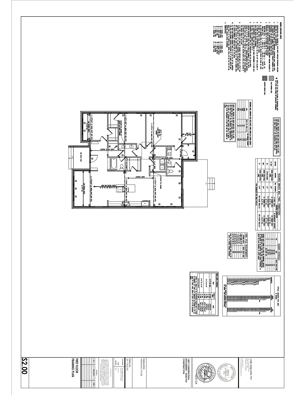 Black and white architectural floor plan showing a single-story building layout with labeled rooms, measurements, and detailed construction notes.