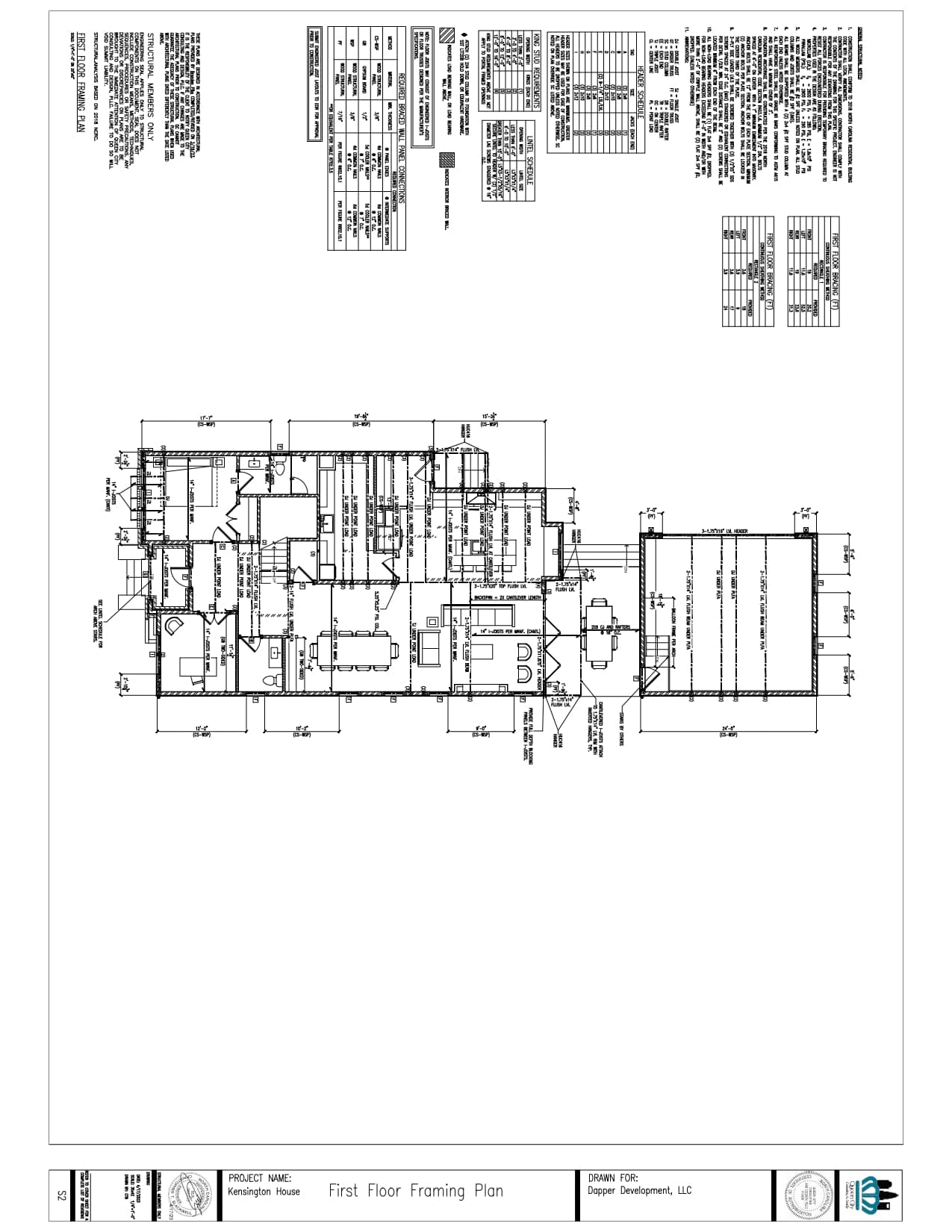 Architectural drawing labeled "First Floor Framing Plan," showing detailed measurements, room layouts, notes, and structural elements for a residential building.