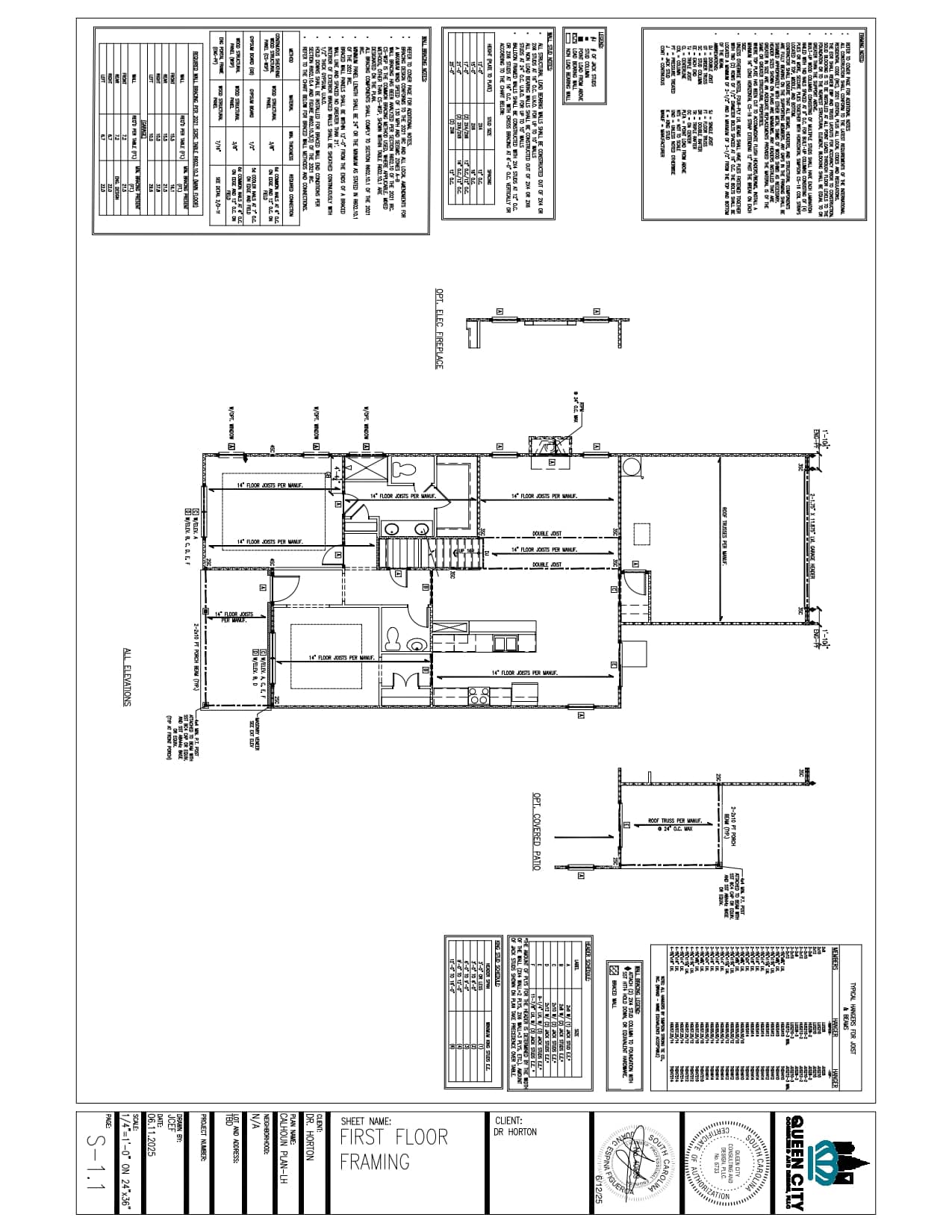 First floor framing plan blueprint showing room layouts, framing details, structural notes, schedules, and project information for a residential building.