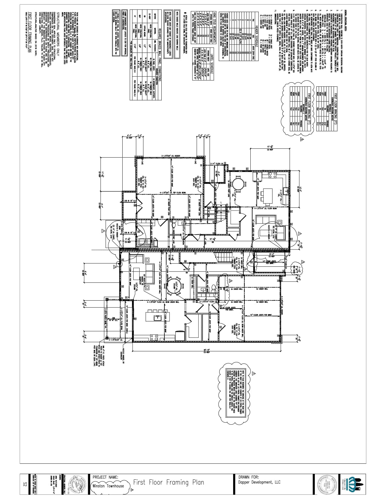 First floor framing plan blueprint showing room layouts, measurements, framing details, notes, and title block with project and company information.