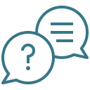 Two speech bubbles; one contains a question mark, and the other contains three horizontal lines representing text.