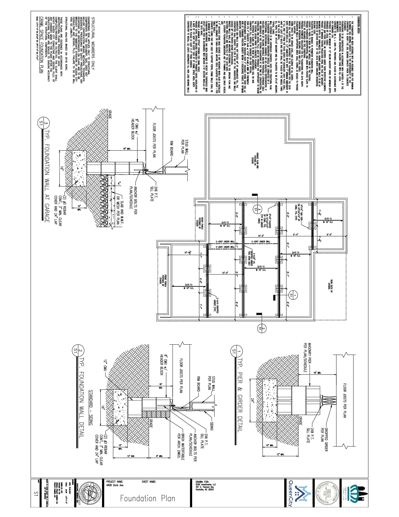 Architectural foundation plan with detailed sectional views, dimensions, notes, and technical specifications for a building's structural base and footings.