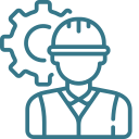 Icon of a person wearing a safety helmet and vest, with a gear symbol in the background, representing engineering or technical work.