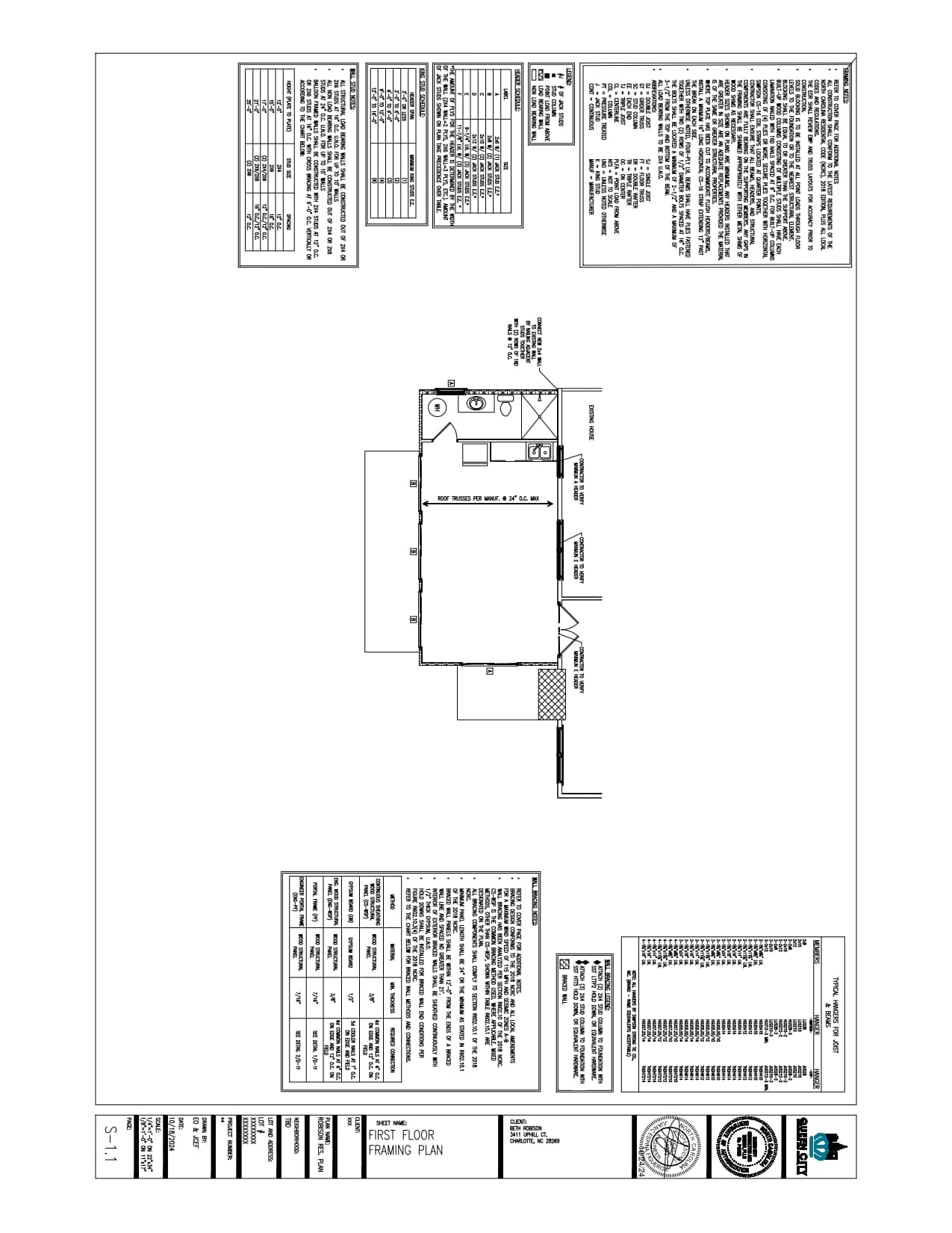 Architectural drawing of a 7th floor framing plan with detailed notes, tables, and measurements for structural elements, including beams, columns, and construction specifications.