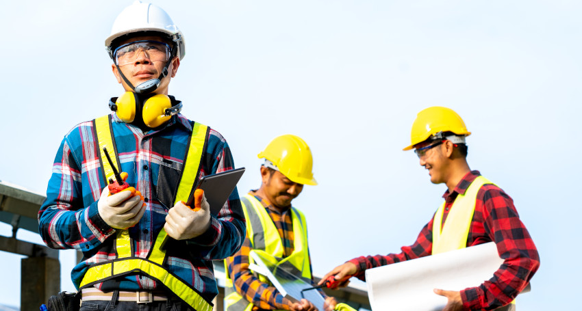 Construction workers with helmets and high-visibility vests reviewing plans and using a walkie-talkie on a worksite.