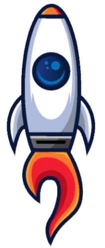 Illustration of a stylized rocket with a flame trail launching upwards.