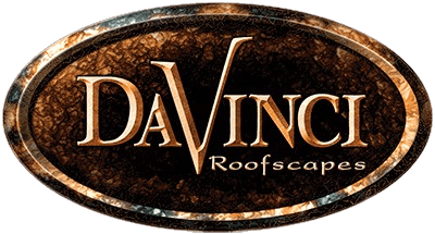 Davinci roofscapes company logo with a stylized font on a textured, oval background.