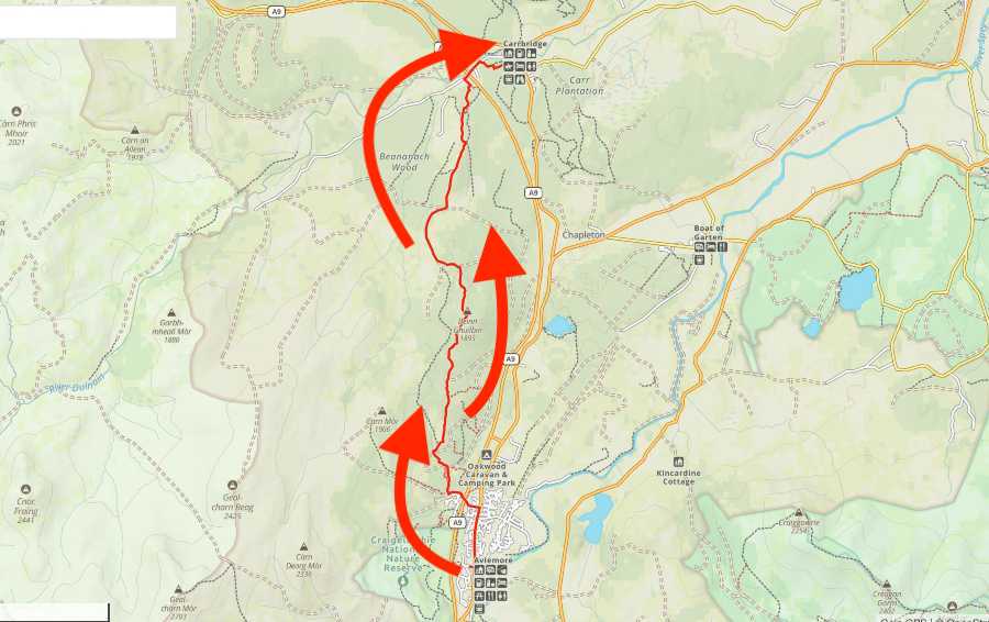 The walking route from Aviemore to Carrbridge via Beinn Ghuilbin is shown.
